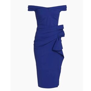 Chiara Boni La Petite Robe Radoslava Blue Off Shoulder Ruffle Gather Midi Dress
